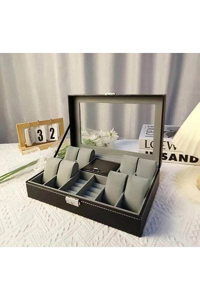 zyc Special Series 8 Slots Watch - Display with Ring and Jewelry Compartments Glass Cover - Storage Box