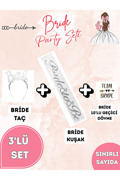 ANSHA CRAFTS Bride To Be 3'lü Set "Gümüş Bride Plastik Taç Ve Kuşak Seti + 10...
