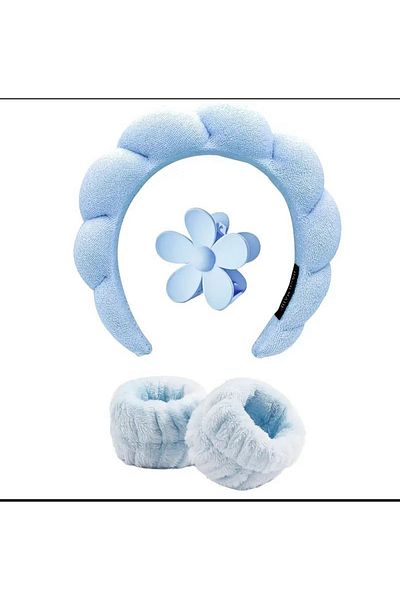 Generic مكونة من4 قطع للنساء، حزام معصم، ودبوس شعر ع شكل ورده ،عصابة شعر ناعمة بفقاعات ازرق فاتح