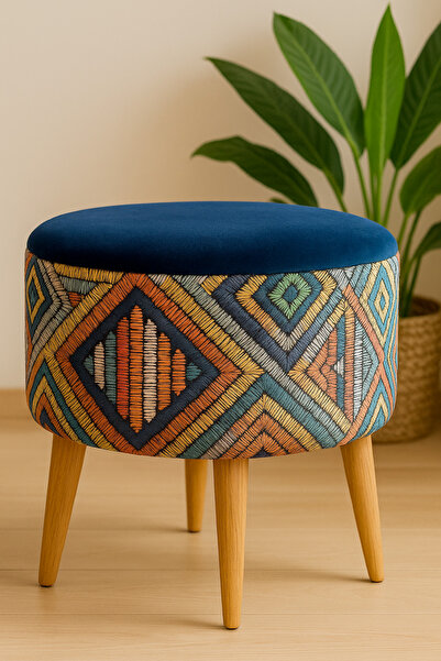 DEKOR MOBİLYACIM Albatros Retro Gürgen Ahşap Ayaklı Dekoratif Etnik Üst Lacivert Desenli Silindir Puf Bench Koltuk