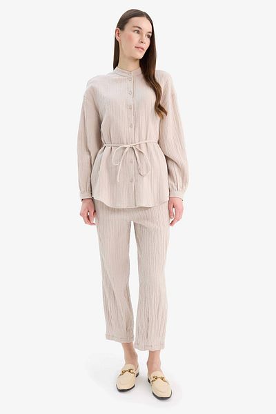 DeFacto E1107 Cămașă cu mânecă lungă din muselină, bej, Relax Fit Basic