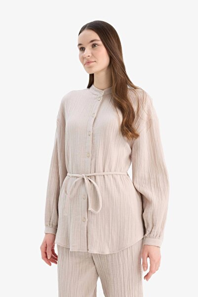 DeFacto E1107 Beige Relax Fit Basic Plain Lace Muslin Long Sleeve Shirt