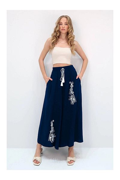 zahı collection Women's Navy Blue Elastic Waist Embroidery Detailed Loose Cut Viscose Trousers