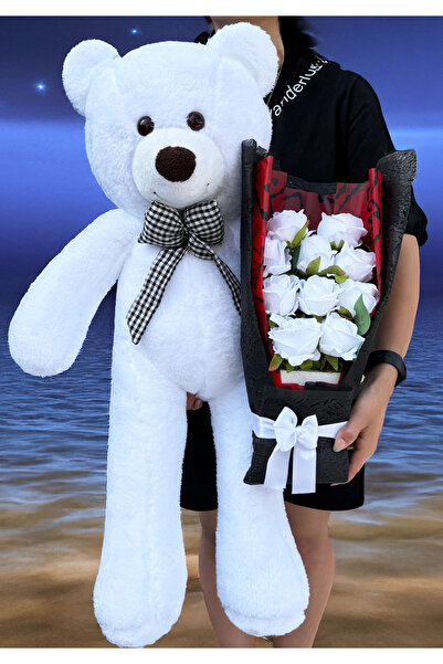 lenostra Büyük Beyaz Ayıcık ve Beyaz Gül Buketi - Anneler İçin Hediye - Sevgi...