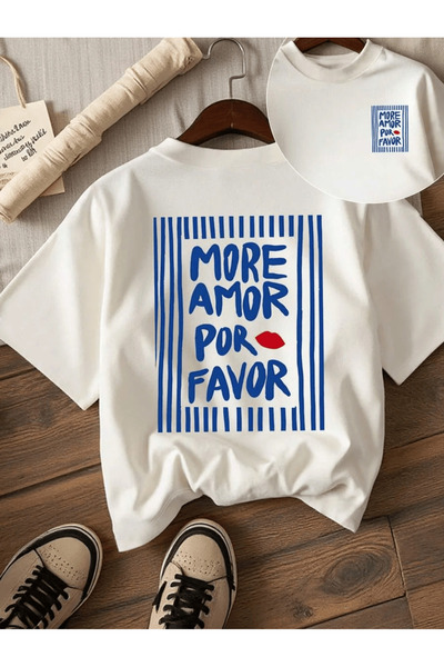 SILVERDESIGN Tricou oversize unisex – cu textul „More Amor Por Favor”, imprimat, cu mânecă scurtă, croială lejeră, tricou basic
