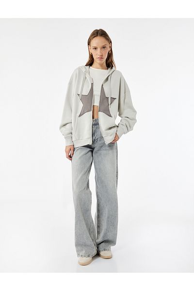 Koton Star Printed Hooded Oversized Zippered Sweatshirt with Kangaroo Pocket