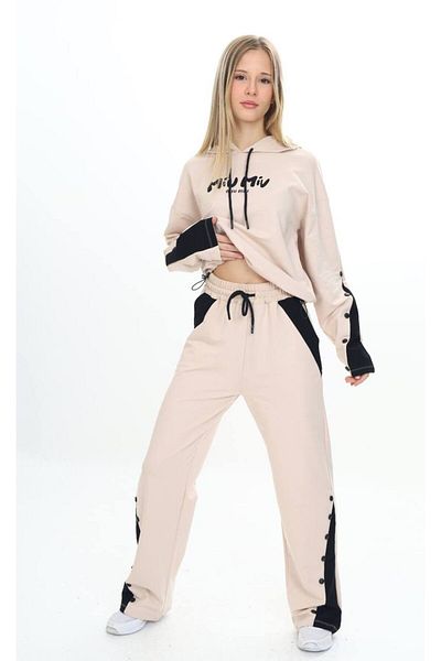 Asortix Girl's 100% Cotton Hooded Snap Detailed Bottom & Top Tracksuit Set-179