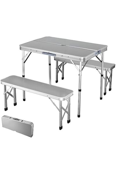 Twinkle Mart Folding Camping Picnic Table with Bench Set, Adjustable Heights Table, Aluminum Frame