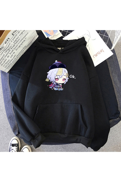 Tarzsokak Hanorac negru unisex Kawaii Genshin Impact Qiqi Hanorac cu glugă An...