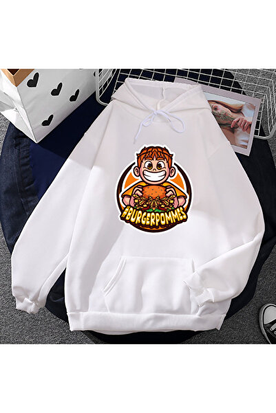 Tarzsokak Бяла унисекс блуза с принт на бургер и картофи Icrimax с качулка Mo...