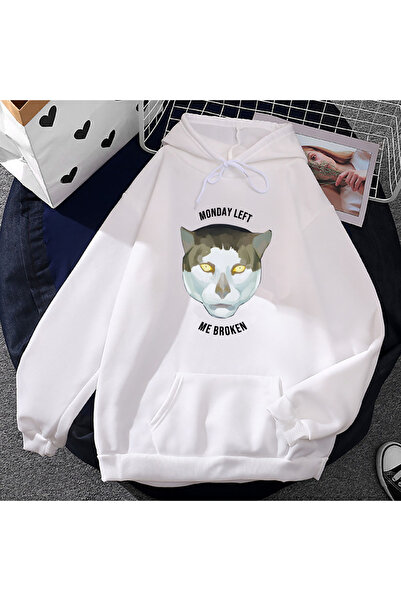 Tarzsokak Hanorace albe unisex Meme CAT cu grafică amuzantă Monday Break My S...