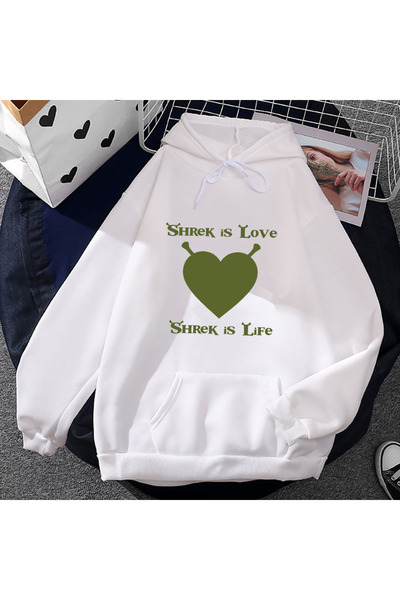 Tarzsokak Beyaz Unisex Shrekk Aşktır Shrekk1 Hayat Hoodie SonbaharKapşonlu Su...