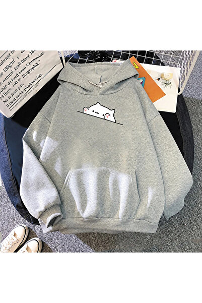 Tarzsokak Gri Unisex Hoodie sevimli rahat karikatür kedi baskı moda kore tarz...