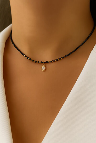 GunesTakım Black Bead Ellipse Stone Women's Necklace – Elegant and Stylish De...