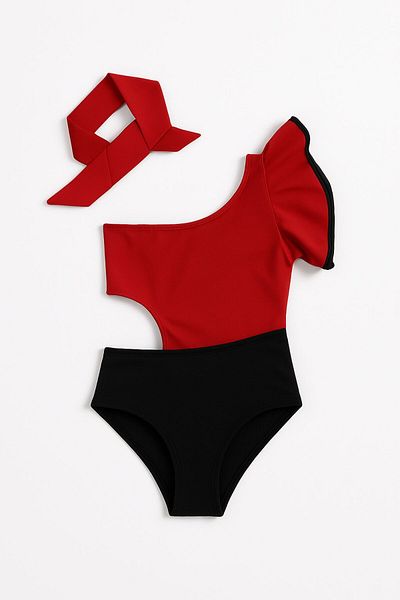 Yalçınoğlu Kids Iz Children's One Shoulder Swimsuit Set – Red & Black, Stylish Bandana I Colorful Style in Summer I Quick Drying