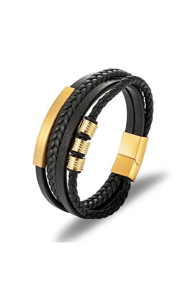 Belora Brățară Viking din piele și oțel inoxidabil, neagră cu aur