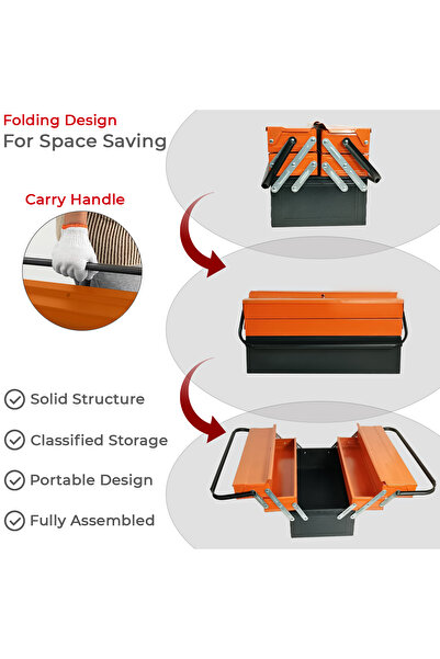 Generic Metal Tool Box with 5 Trays, Cantilever Design, Orange/Black, Steel Storage Case with Side Handles