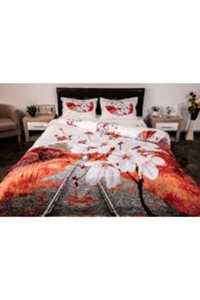 Ralex Lenjerie de pat dublu 4 piese 220 x 230 cm Digital Print 3 D, Alb/Rosu Fluturas din petale Pucioasa