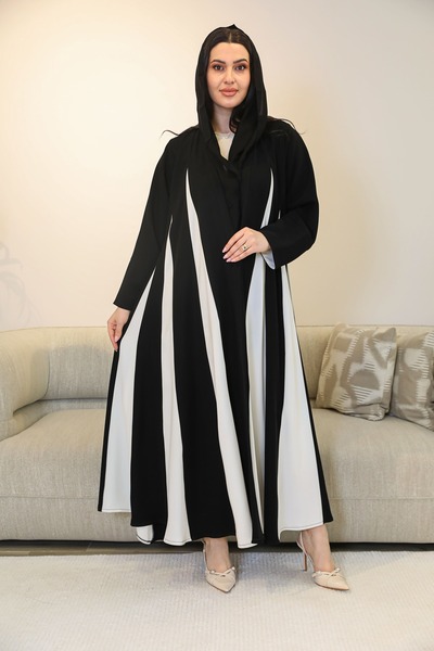 elegant veil Barbie crepe abaya with an elegant black and white overlay