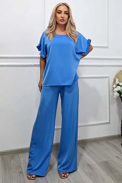 FashionForYou Ținută elegantă de vară NORYA, pantaloni largi cu bluză și volane, Albastru deschis