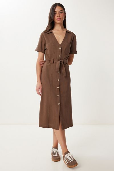 Lovelyİstanbul Belted Midi Linen Shirt Dress Hcr0002 Brown