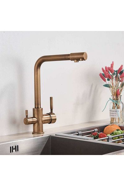 CasaVie Baterie bucatarie cu 3 cai pentru filtru de purificare, auriu antichizat, cod 1211