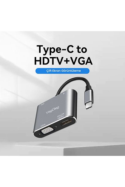 Veggieg محول Type-c 4K HDMI 1080p VGA USB 3.0 PD