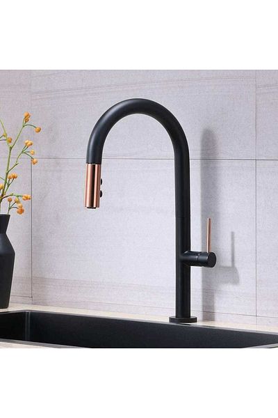 CasaVie Baterie de bucatarie, cu dus extractibil, 2 functii de curgere, negru mat cu rose, cod 1298