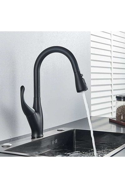 CasaVie Baterie de bucatarie Kochen Matte, negru mat, cu 2 functii de curgere si dus extractibil, cod 1382