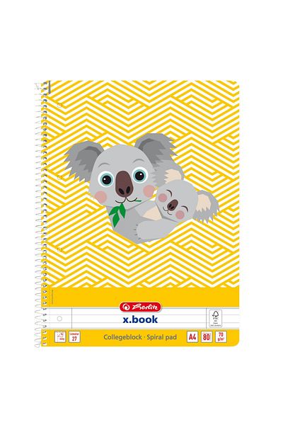 Herlitz Caiet spiralat A4 Animale drăguțe Koala, culoare galben, material hârtie, 80 de coli, format liniat