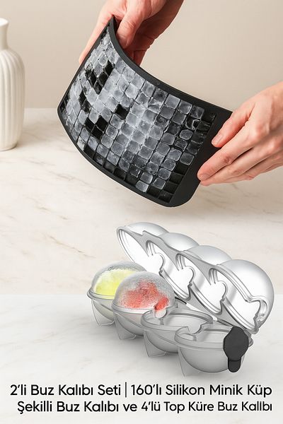 Anadolu Saray Set of 2 Ice Molds| 160 Pieces Silicone Small Cube Shaped Ice Mold and 4 Ball Sphere Ice Mold