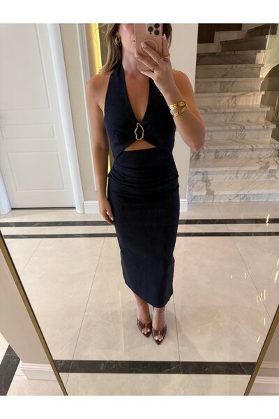 My Blog Sötétkék farmer ruha fém bross díszítéssel - 5160