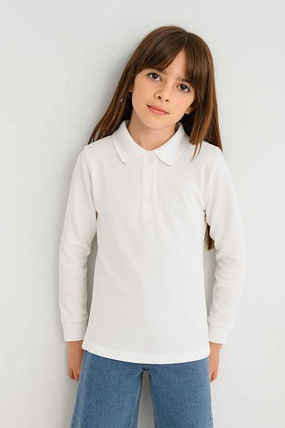 Mai Perla Unisex Παιδική Βαμβακερή Λευκή Μακρυμάνικη Σχολική Στολή Polo 5-12 ετών