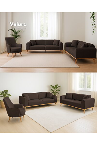 Velura Home & Living Valo Oturma Grubu & Koltuk Takımı (3+3+1) - Koyu Kahve