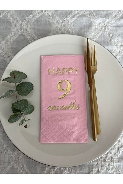 kidspartim منديل مطوي باللون الوردي المذهب Happy 9 Years Months Waiter 16 قطعة