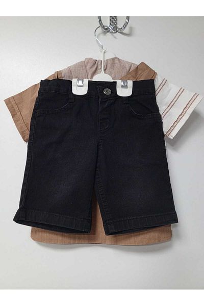 lessotto Patterned Shirt and T-Shirt Denim Shorts Bottom-Top Set with Chest Pocket
