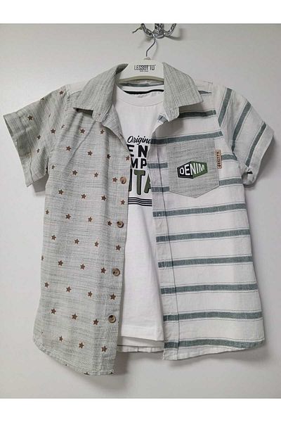 lessotto Patterned Shirt and T-Shirt Denim Shorts Bottom-Top Set with Chest Pocket