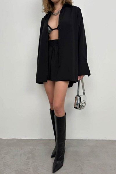 modamtn    Oversize Shirt Shirred Shorts Set