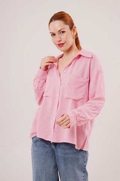 ZEYKAS Bat Sleeve Striped Pocket Detailed Pink Shirt
