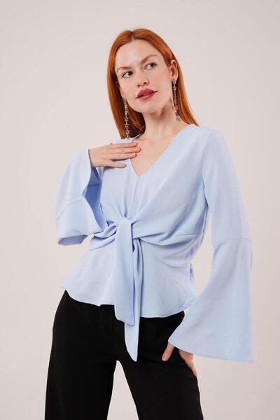Pembe Portakal    Front Tie Flywheel Sleeve Baby Blue Blouse