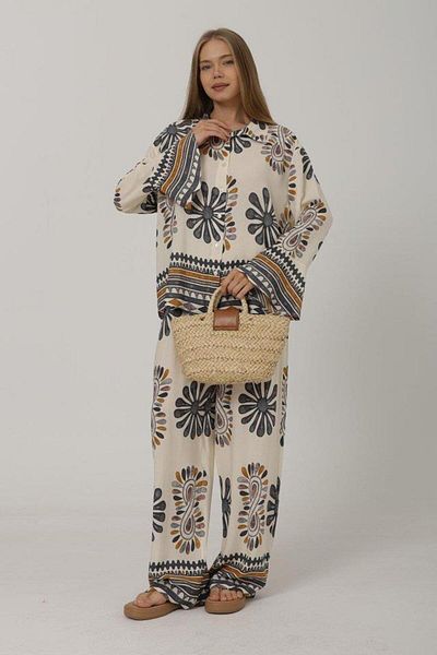 Silerra Patterned Flared Sleeve Trousers Set - Anthracite