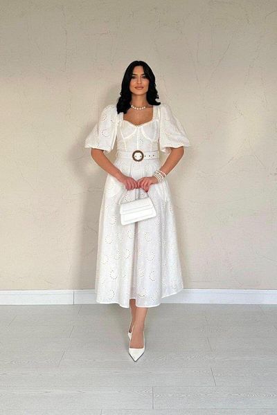 modamtn Ecru Chest Cup Detailed Belted Brode Dress