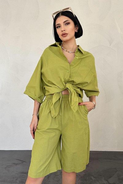 Butik Aura Mou    Oil Green Short Sleeve Linen Shirt and Shorts Set