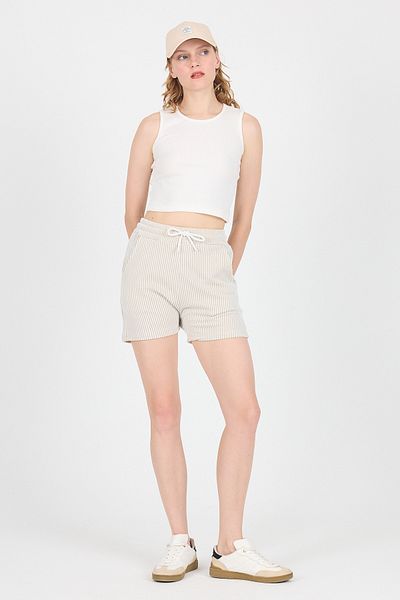 Rays Pantaloni scurți țesuți cu dungi bej cu talie elastică 4094