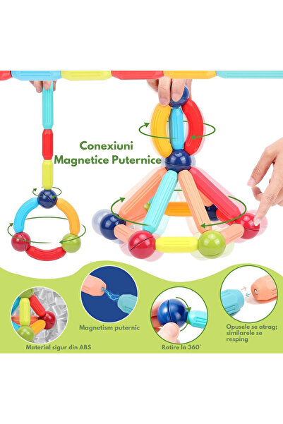VisionHub Set de construcție magnetic pentru copii, 45 de piese, piese STEM distractive, dezvoltă creativitatea și imaginația