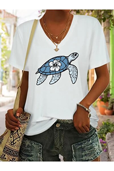 FUFLUNS TRICOU DE DAMĂ OVERSIZE CU GULER ÎN V CU IMPRIMEU TURTLE DOVE