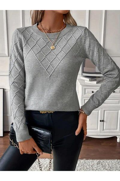 POLEXP Women's Long Sleeve Crew Neck Geometric Print Knitwear Blouse