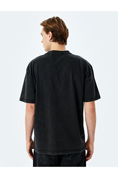 Koton Yıkamalı Pamuklu Kısa Kollu Minimal Baskılı Bisiklet Yaka Oversize Tişört