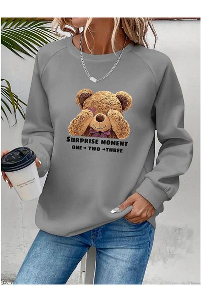 modamtn Women's Long Sleeve Crew Neck Teddy Bear Print Viscose Two Thread Blouse