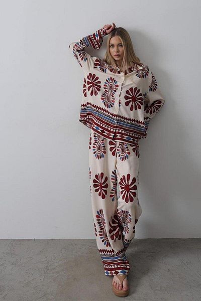 modamtn Patterned Flared Sleeve Trousers Set - Red